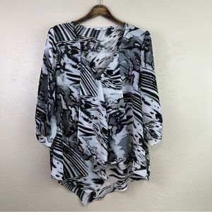 Sioni V-Neck Asymmetrical Hem Blouse Black White Sheer XL
